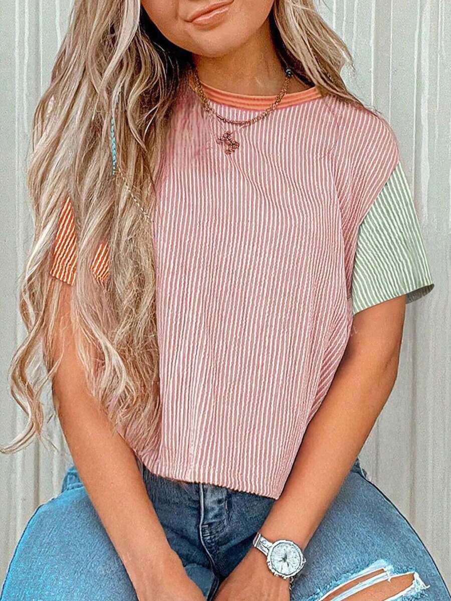 Acelitt Camiseta de verano casual de mujer con cuello redondo, manga corta, en estampado de bloque de color, textura a rayas y diseño de patchwork multicolor