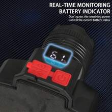 Czołówka z czujnikiem ruchu na zewnątrz + szybkie ładowanie typu C / wodoodporność IPX5, 5 trybów oświetlenia (wysoki/niski/stroboskopowy/boczny/SOS) + obrotowy zoom 360°, wyjście Power Bank + duży wyświetlacz pojemności baterii, latarka czołowa do wędkowania i biwakowania, latarka awaryjna