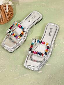 2025 New See-Through Crystal Rhinestone Embellished Square Buckle Sandals, Fairy Style - Silver - View 6