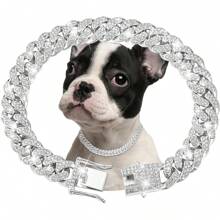 1 Sparkling Pet Necklace, Cool Dog Collar, Puppy Chain, Cuban Chain Inlaid With Artificial Diamonds, Pet Decoration Chain Accessories
