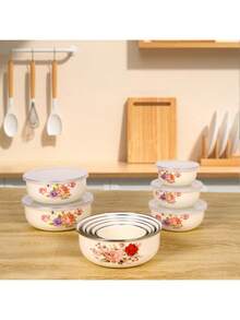 5pcs/Set Enameled Refrigerator Food Storage Bowls With Lids, 10cm/12cm/14cm/16cm/18cm, Floral Patterns, Stackable And Portable Mini Multi-Function Bowls For Mixing, Fruit Storage, Cake Preservation, Reusable Kitchen Accessories - Multicolor - View 3