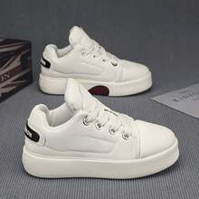 Thick Sole Men's Shoes, Men's Thick Sole Casual Sneakers, Outdoor Fashionable Versatile Bread Shoes For Young Men, Leather Face Skateboard Shoes, Street Stylish Classic Lace-Up Round Toe Men's Shoes For Party, Holiday, Daily Wear - White - View 2