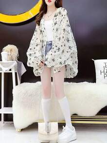 女式印花长袖轻薄宽松连帽防晒开衫，夏季 - 米色 - 查看 5