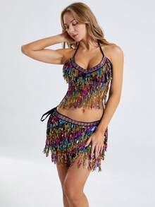 Colorful Sequined Tassel Halter Bra And Waist Chain Set - Belly Dance Stage Show And Nightclub Party - Multicolor - View 5