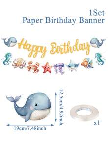1 Set Ocean Themed Birthday Banner, Happy Birthday Ocean Animal Pattern Hanging Banner, Birthday Background Decoration, 1st Birthday Party Supplies, Ocean Party Decor, Ocean Themed Birthday Party Decorations, Underwater World Party Decor, Birthday Hanging Ornaments, Bridal Shower Gift, Wall Decor, Photo Prop, Banner Flag, Summer Party Decoration - Birthday-ocean - View 9