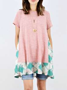 Boho Retro Rayon Cool Soft Summer Cuff Short Sleeve Crew Neck T Shirt Mini Dress Tunic With Pockets - 粉色 - 查看 1