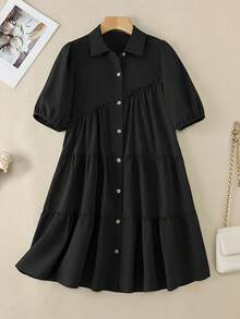 女式休闲荷叶边领泡泡袖及膝衬衫裙