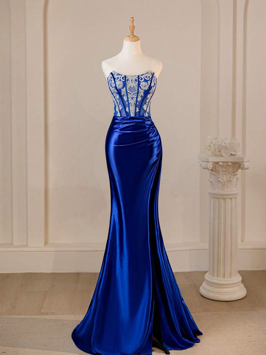 Navy Blue Sleeveless Lace-Patchwork Mermaid Satin Waist-Cinched Slit Maxi Dress, Elegant Evening Gown, Formal, Party Dress, For Wedding Guest - Royal Blue - View 1