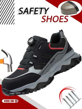 男士纽扣安全鞋，钢头，防刺穿，橡胶鞋底，时尚舒适，四季皆宜，适合运动/工作穿着，易于穿脱，透气性好。