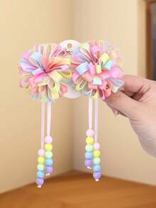 2pcs Rainbow Pom Pom Tassel Hair Clips, Suitable For Girls, Colorful Satin Ribbon Pom Pom Alligator Clips, Cute Beaded Tassel Pom Pom Flower Hair Clips, Wedding Holiday Gift, Teenage Hair Accessories - Multicolor - View 2