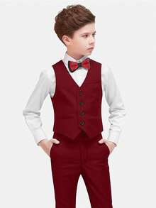 Red Young Boys Suits, 2 Pieces Suit, Vest, Pants, Tie, Bowknot - Burgundy - View 4