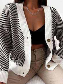 Autumn Winter Women's Fashionable Cardigan Sweater, French Style Color Block Knitted Sweater, Back To School, Americana Long Shirt, Teacher Apparel, 70s Sweater, Jacquard, Commuter, Minimalism, Office Wear, Retro, Simplicity, French, Striped Sweater, Autumn-Winter Jacket, Old Money Aesthetic, Warm, Teacher Sweater, Drop Shoulder Long Sleeve, Women's Casual Drop Shoulder Striped Long Sleeve Cardigan Sweater, Suitable For Outerwear