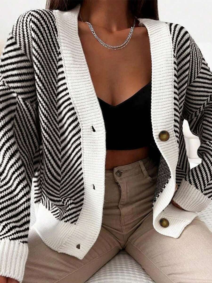 Autumn Winter Women's Fashionable Cardigan Sweater, French Style Color Block Knitted Sweater, Back To School, Americana Long Shirt, Teacher Apparel, 70s Sweater, Jacquard, Commuter, Minimalism, Office Wear, Retro, Simplicity, French, Striped Sweater, Autumn-Winter Jacket, Old Money Aesthetic, Warm, Teacher Sweater, Drop Shoulder Long Sleeve, Women's Casual Drop Shoulder Striped Long Sleeve Cardigan Sweater, Suitable For Outerwear