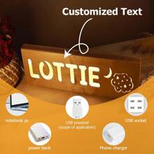 1pc Personalized Wooden LED Lamp, Custom Name Engraved, USB Powered, Selectable Small Icons, Suitable For Bedroom, Living Room, Great Gift For Children's Day, Birthday, Independence Day, Christmas, Mother's Day, Anniversary Back To School
