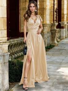 Vestido Largo con Escote en V o Pico Profundo con Detalle de Lazos Ajustables en Hombros y Abertura Lateral Baja Elegante para Mujer - Beis - Ver 1