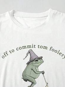 Women White Crew Neck Short Sleeve T-Shirt With Funny Frog Expressions Graphic, Casual Cute Summer Top