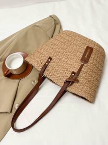 1pc High-Quality Textured Straw Bucket Handbag, Suitable For Daily Dates, Shopping, Fashionable Vacations, Beach Essentials, Summer Necessities ,Holiday - Khaki - View 11