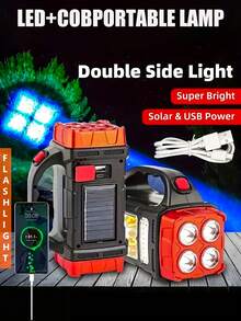 1 件太阳能 LED 露营灯，4 种模式高强度手电筒，红色外观 S/M 尺寸，带 COB 侧灯，USB 可充电户外应急灯，适用于徒步旅行、探险、狩猎、钓鱼 - 塑料灯罩，内含镍电池，露营设备（太阳能 + USB 供电充电）