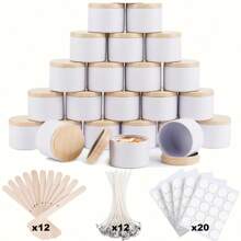 56 peças/12 conjuntos Latas de Velas Brancas, Potes de Vela Brancos Foscos de 4 Onças com Tampas Estampa de Madeira para Fazer Velas, Suportes de Pavio, Adesivos de Pavio para Fazer Velas, Artesanato DIY, Armazenamento de Pequenos Itens