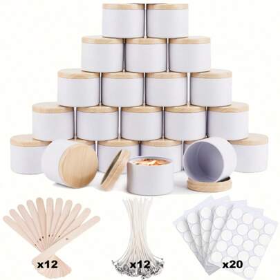 56pcs/12Set White Candle Tins, 4Oz White Matte Candle Jars With Wood Grain Lids For Candle Making, Wick Holders, Wick Stickers For Candle Making, DIY Arts And Crafts, Small Item Storage