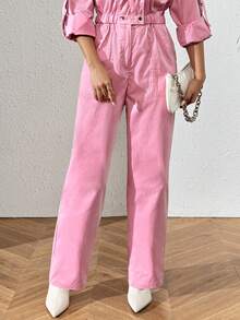 Jumper elegante para mujer largo liso con cintura elástica y solapa de moda - Rosa - Ver 5