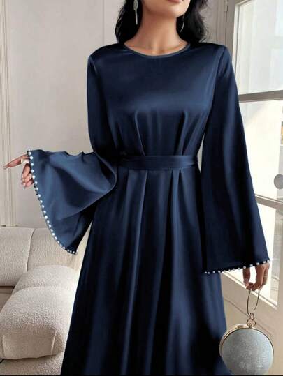 1pc Fashion Spring/Summer New Elegant Waistline & Embellished Sleeve Muslim Dress Woman Abaya,Modest
