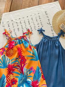 2pcs/Set Girls Fashion Casual Plant Print Dress & Solid Blue Dress, Suitable For Party, Casual, Beach Vacation Wear, Summer - Multicolor - View 6