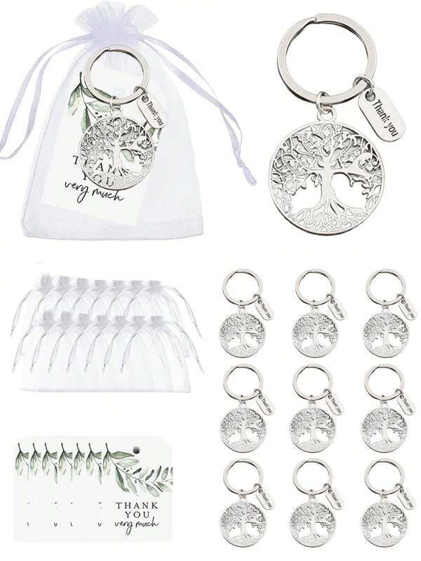 5PCS/10PCS/20PCS Thank You Gift Tree Of Life Keychain Thank You Card Organza Bag Silver Keychain On Metal Keychain Wedding Gift Souvenir Party Event Gift Souvenir Mobile Phone Coin Purse Earphone Water Cup Kettle Keychain Pendant Decorative Accessories School Bag Pendant Car Keychain Keychain Jewelry Small Pendant Couple Keychain Boys And Girls Gift Friend Gift Event Souvenir.