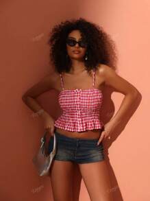 1 Peça Regata com Suspensório de Cintura Amarrada, Bainha com Babado em Estampa Xadrez e Listrada, Praia, Encontro à Noite, Estilo de Rua, Y2K, Primavera/Verão