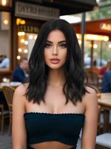 Retro Simple Black Medium Length Curly Wig 16 Inch Black Brown Water Wave Clavicle Hair Thin Breathable Fluffy Natural Female Heat Resistant Synthetic Fiber Wig Suitable For Daily Wear Casual Street Wig Shoulder-Length French Curls Sweet And Gentle
