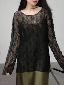 黑色轻质透明蕾丝长袖薄纱罩衫 - 黑色 - 查看 6