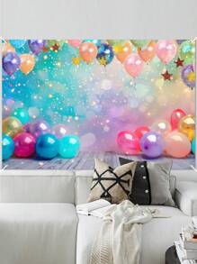 1pc 150*100cm Color Balloon Pattern Polyester Background Cloth, Color Balloon Theme Birthday Babe Shower Party Room Wall Background Decoration, Family Holiday Party Home Backdrop Decoration, Indoor Outdoor Fence Banner Decoration Hanging Cloth Fabric, Photography Props, Party Favor