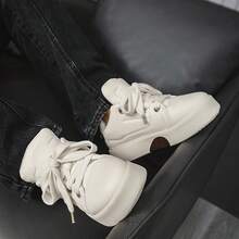 Thick Sole Men's Shoes, Men's Thick Sole Casual Sneakers, Outdoor Fashionable Versatile Bread Shoes For Young Men, Leather Face Skateboard Shoes, Street Stylish Classic Lace-Up Round Toe Men's Shoes For Party, Holiday, Daily Wear - White - View 9