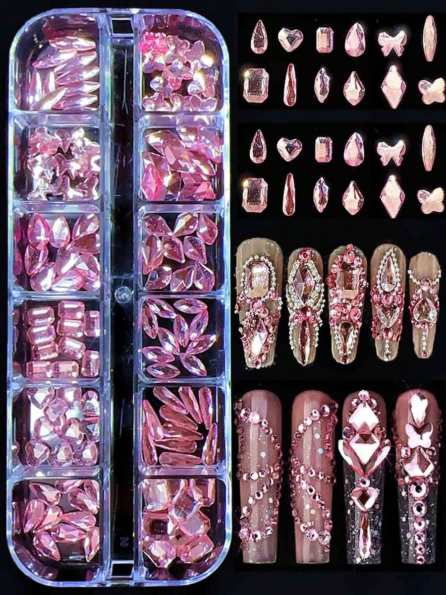 12 Designs DIY Nail Art K9 Pink Glass Flat-Back Sparkling Assorted-Shaped Rhinestones Set - 10 Pieces Each, Festival Gift