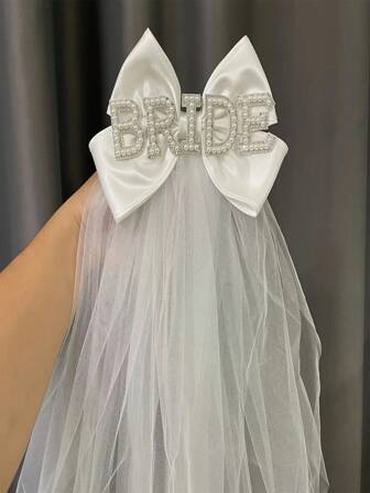 1pc Bridal Chic "Almost Bride" Bowknot Headpiece - High-Quality Polyester Wedding Accessory, Suitable For Weddings And Bachelorette Parties - Bridal Faux Pearl Letter Headpiece Photography Props Wedding Gift