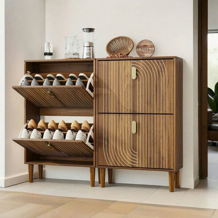 Shoe Storage Cabinet With 2 Flip Drawers,Free Standing Shoe Rack Organizer With Metal Handles For Entryway, Living Room Furniture, Brown