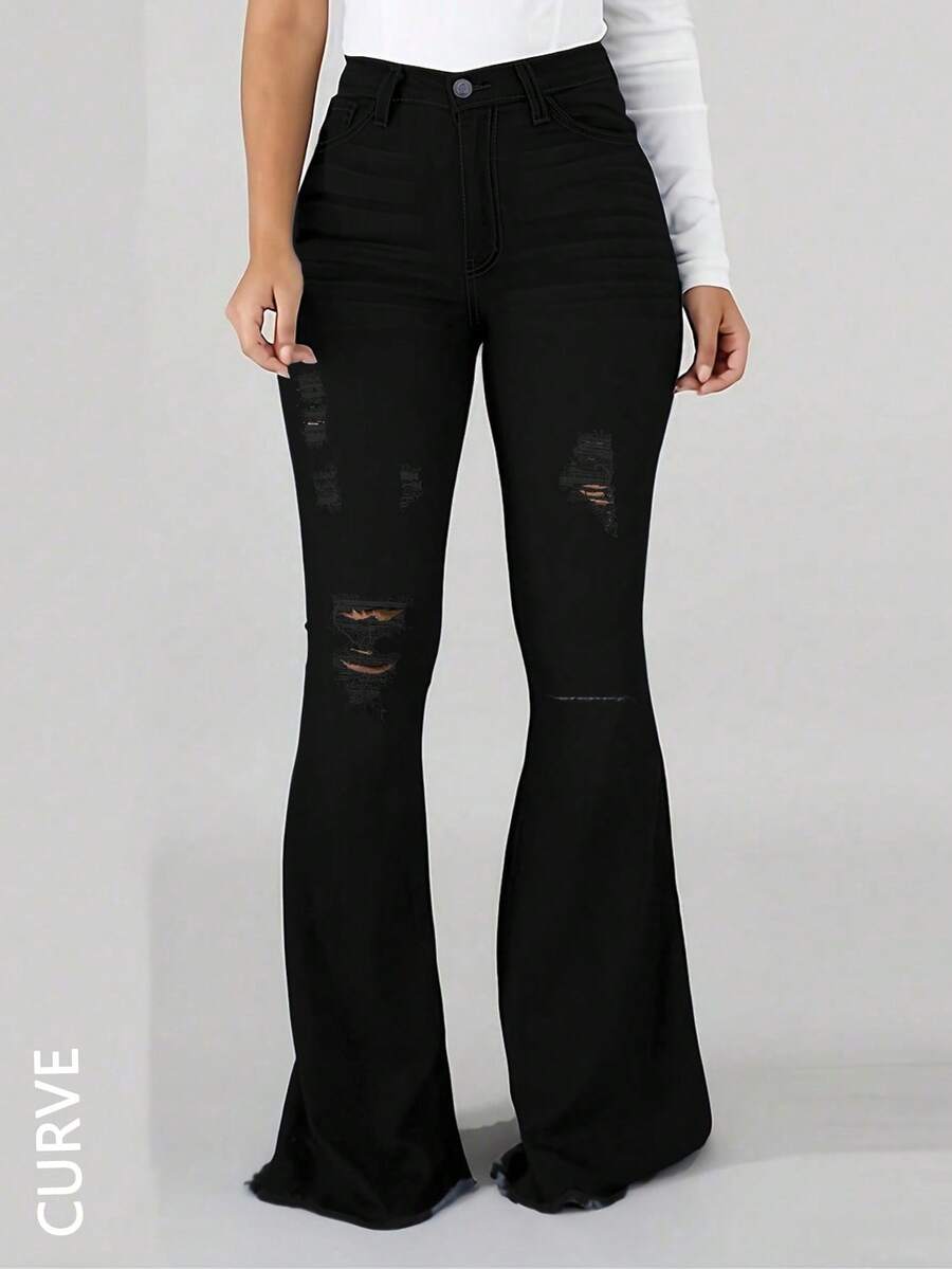 Plus Size Bootcut Women Jeans - High Waisted Ripped Open Button Fly Edge Jeans With Pocket Decoration Denim Bell Bottoms - 黑色 - 查看 1
