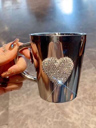 1pc Luxury Rhinestone Heart-Shaped Water Cup, High-End 304 Stainless Steel Coffee Mug, Portable Tumbler