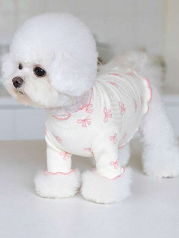 1pc Pet Dog/Cat Clothing, Allover Print With Pink Bow Tie, Breathable & Comfortable Knit Sweater, Suitable For Poodle, Chihuahua, Teddy, Spring/Autumn