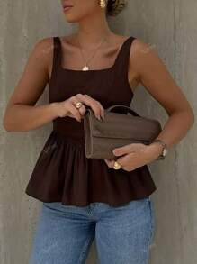 Blusa corta sin mangas de cuello cuadrado elegante con fruncido delantero, de tela tejida de unicolor, para verano