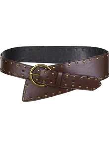 1pc Punk Style Rivet Decor Leather Belt With Buckle, Fashion Versatile Waist Strap - Coffee - View 13