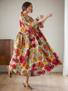 Topy Boho Style Plus Size Casual Holiday Beach Dress, Sukienka w kropki, Letnia sztuczna japońska spódnica z kołnierzykiem jenowym, z rękawami na ramionach i krótkim rękawem,