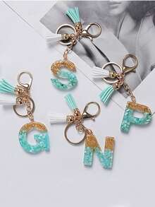 时尚蓝色字母首字母钥匙扣流苏吊坠钥匙圈适用于钱包手提包女士，时尚圣诞节感恩节节日礼物钥匙扣，万圣节，万圣节装饰