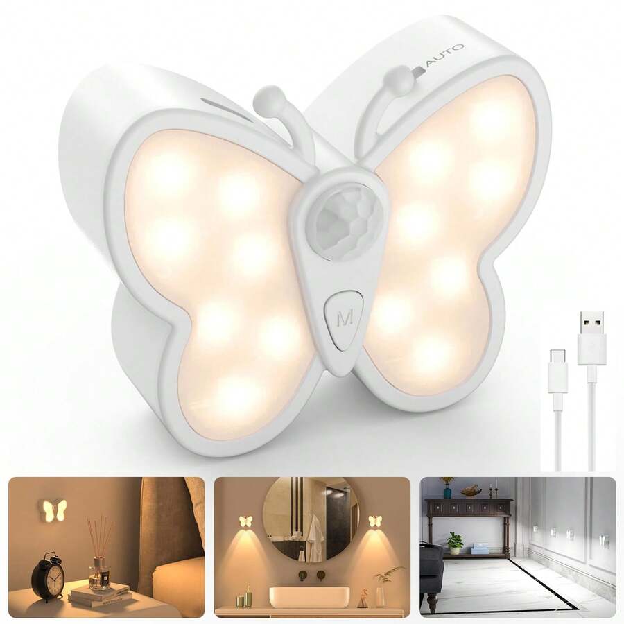 1/2 Pcs LED Night Light With Three-Color Dimming Control Wireless Night Light Intelligent Human Body Induction Charging Magnetic Hill Cat's Eye Butterfly Wall Light Eye Protection Lamp For Cabinet Bedroom Corridor Aisle Bathroom
