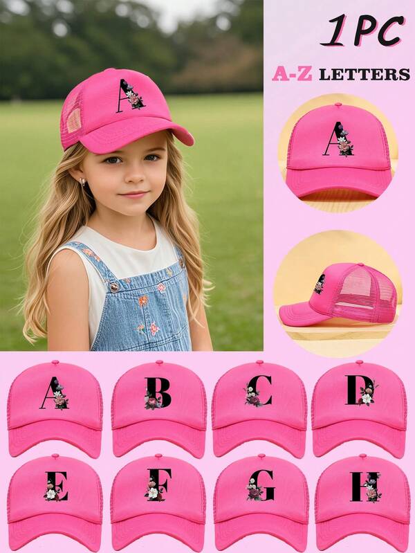 1 PC Kids 26 Alphabet Print Adjustable Mesh Baseball Cap, Outdoor Casual Sun Hat For Boys And Girls, Spring And Fall, Travel, Beach Vacation