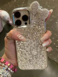 闪亮银色亮片手机壳搭配奢华水钻蝴蝶结，兼容iPhone17/16/15/14/13/12/11系列，可爱时尚，日韩风格酷炫，送女友或闺蜜节日礼物 - 銀色 - 查看 4