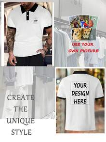 Polo de contraste de color blanco y negro personalizado de doble cara, polo casual de negocios con solapa y detalles de botones, adecuado para salidas informales, ocasiones de negocios, golf y tenis, regalo para hombres - Blanco - Ver 1