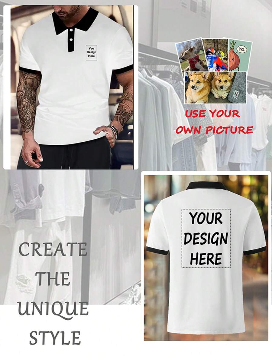 Polo de contraste de color blanco y negro personalizado de doble cara, polo casual de negocios con solapa y detalles de botones, adecuado para salidas informales, ocasiones de negocios, golf y tenis, regalo para hombres - Blanco - Ver 1