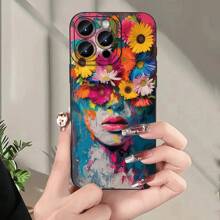 Flower 1pc Black Matte Lens Protection Floral Portrait Pattern Phone Case, Personalized Compatible With Iphone 16 ProMax, 15/14 Plus, 13, 12, 11 And Series Waterproof Shockproof Anti-Fall Scratch Resistant
