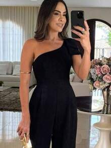 Mule Manca Jumpsuit With Strap Detail Light Fit Simple And ElegantSimpleElegantFabricJumpsuitHolidayTravelBirthday Party - 黑色 - 查看 2